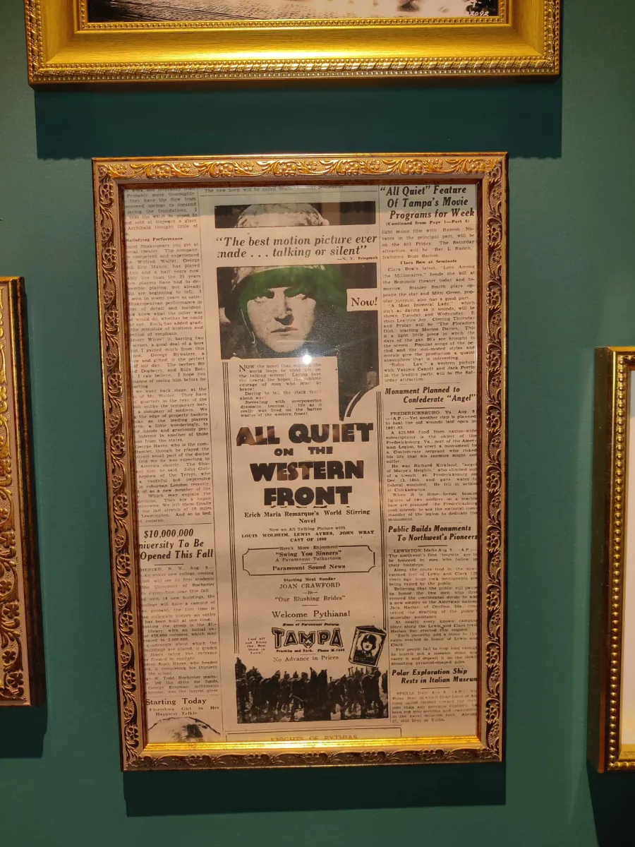 1930 newspaper clipping advertising the film All Quiet on the Western Front
